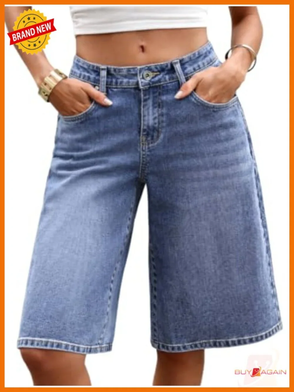 Low Rise Baggy Denim Bermuda Shorts Stretchy Knee Length Streetwear